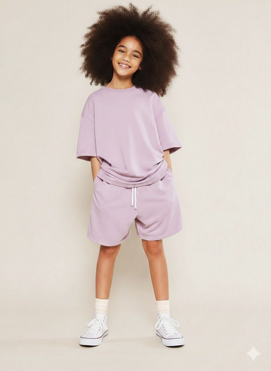 Conjunto Infantil Lilás Casual com T-Shirt Oversized e Shorts